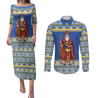 Ukraine Christmas Couples Matching Puletasi and Long Sleeve Button Shirt Saint Nicholas Vyshyvanka Style - Wonder Print Shop