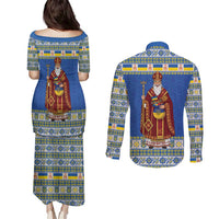 Ukraine Christmas Couples Matching Puletasi and Long Sleeve Button Shirt Saint Nicholas Vyshyvanka Style - Wonder Print Shop