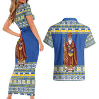 Ukraine Christmas Couples Matching Short Sleeve Bodycon Dress and Hawaiian Shirt Saint Nicholas Vyshyvanka Style - Wonder Print Shop