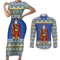 Ukraine Christmas Couples Matching Short Sleeve Bodycon Dress and Long Sleeve Button Shirt Saint Nicholas Vyshyvanka Style - Wonder Print Shop