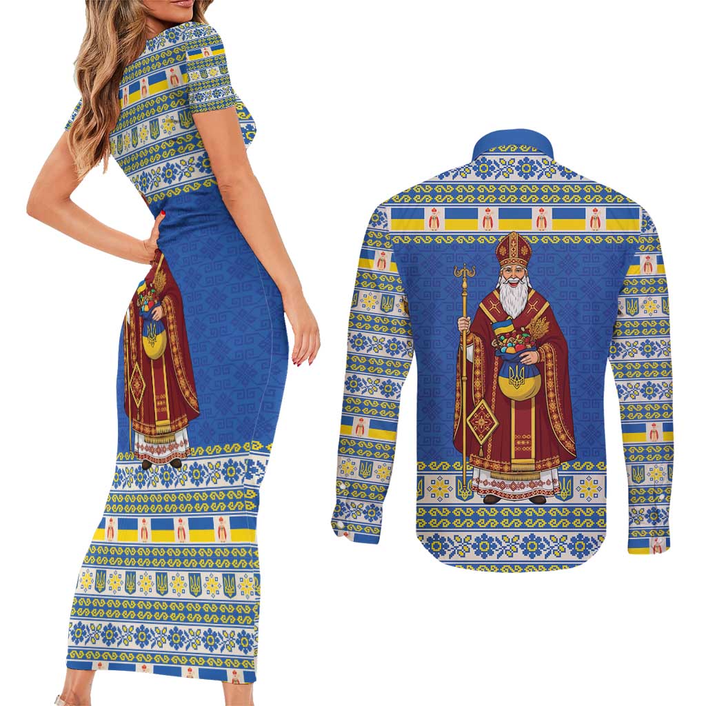 Ukraine Christmas Couples Matching Short Sleeve Bodycon Dress and Long Sleeve Button Shirt Saint Nicholas Vyshyvanka Style - Wonder Print Shop