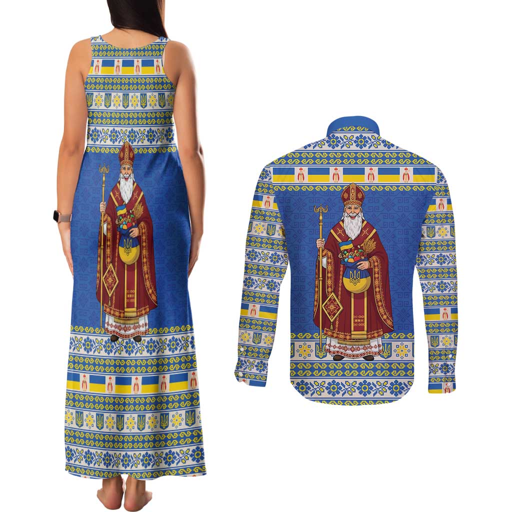 Ukraine Christmas Couples Matching Tank Maxi Dress and Long Sleeve Button Shirt Saint Nicholas Vyshyvanka Style - Wonder Print Shop