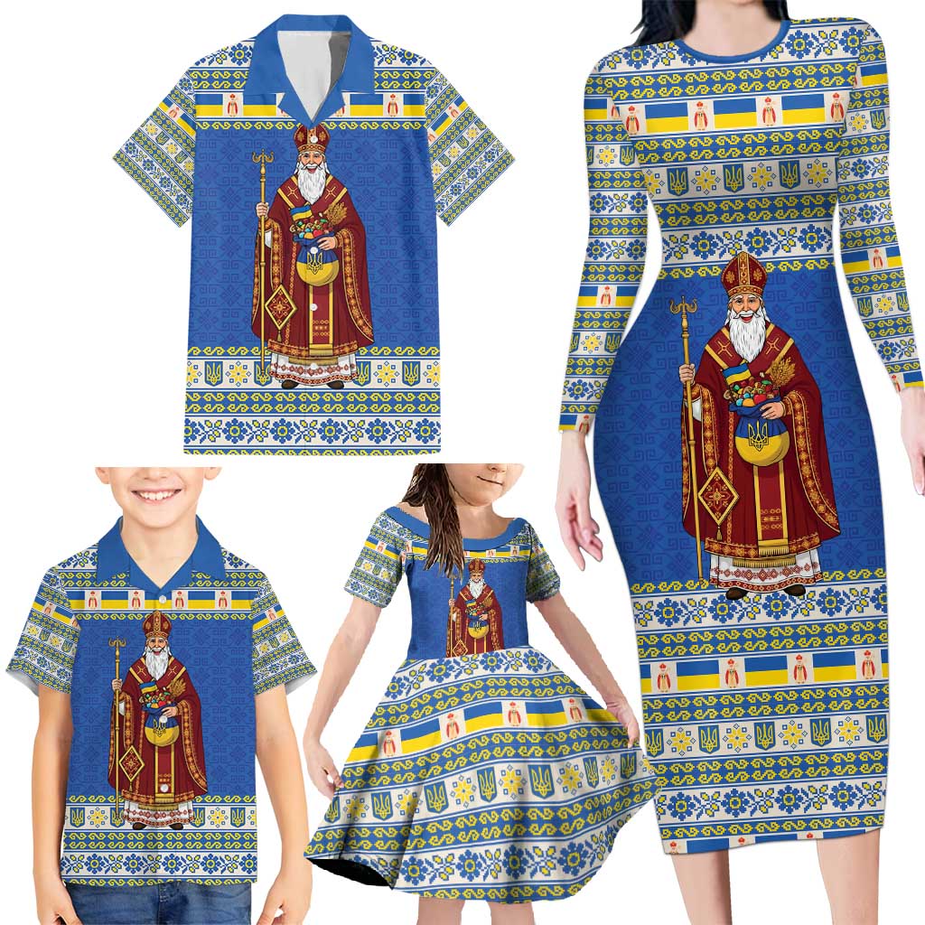 Ukraine Christmas Family Matching Long Sleeve Bodycon Dress and Hawaiian Shirt Saint Nicholas Vyshyvanka Style - Wonder Print Shop