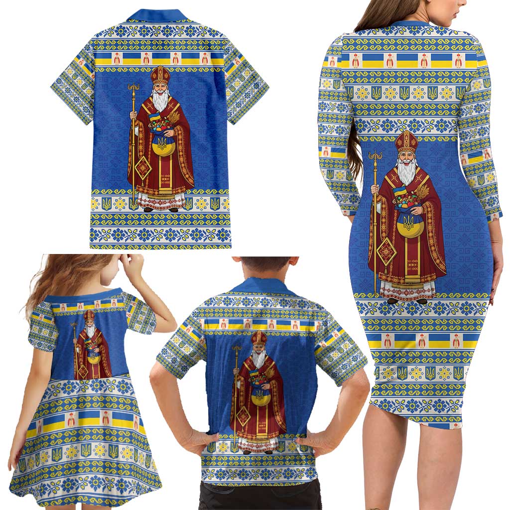 Ukraine Christmas Family Matching Long Sleeve Bodycon Dress and Hawaiian Shirt Saint Nicholas Vyshyvanka Style - Wonder Print Shop