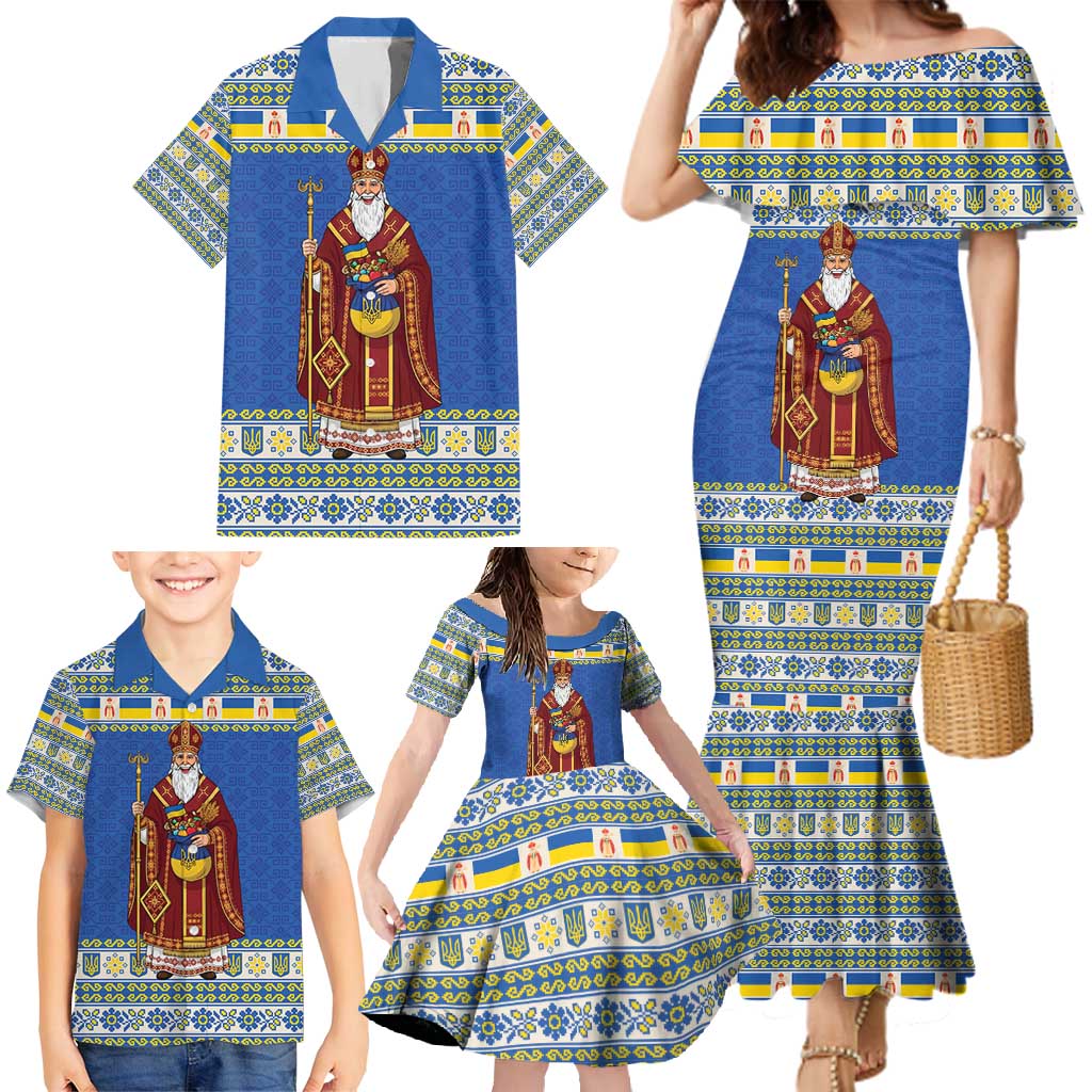 Ukraine Christmas Family Matching Mermaid Dress and Hawaiian Shirt Saint Nicholas Vyshyvanka Style - Wonder Print Shop