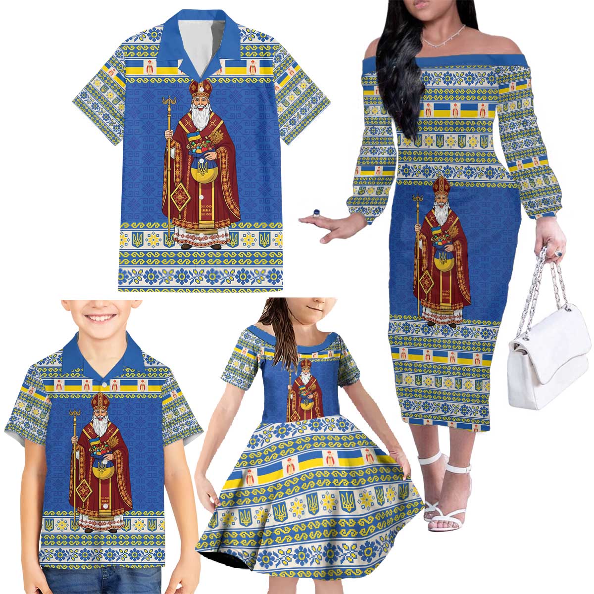 Ukraine Christmas Family Matching Off The Shoulder Long Sleeve Dress and Hawaiian Shirt Saint Nicholas Vyshyvanka Style - Wonder Print Shop