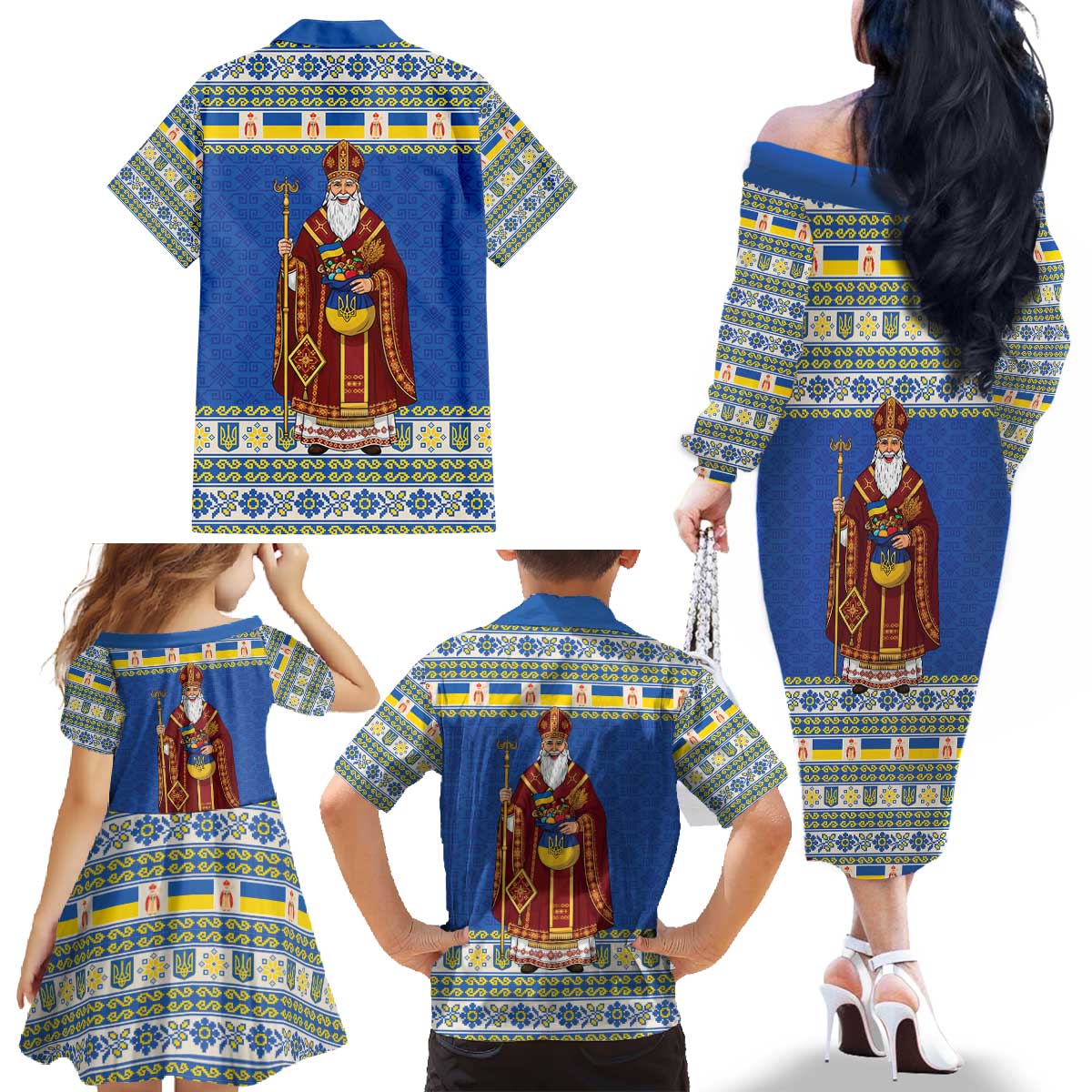 Ukraine Christmas Family Matching Off The Shoulder Long Sleeve Dress and Hawaiian Shirt Saint Nicholas Vyshyvanka Style - Wonder Print Shop