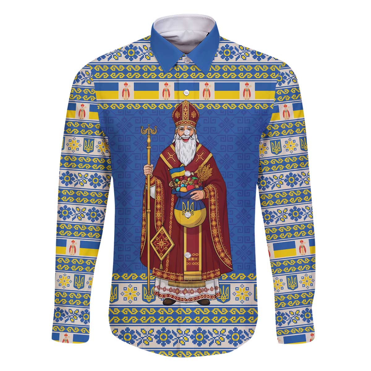 Ukraine Christmas Family Matching Off The Shoulder Long Sleeve Dress and Hawaiian Shirt Saint Nicholas Vyshyvanka Style - Wonder Print Shop