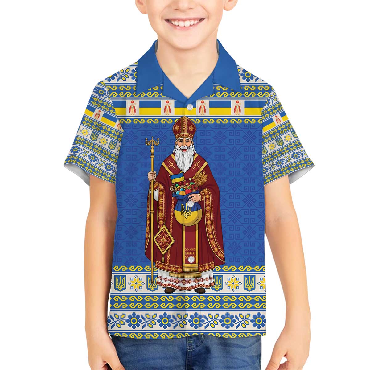 Ukraine Christmas Family Matching Off The Shoulder Long Sleeve Dress and Hawaiian Shirt Saint Nicholas Vyshyvanka Style - Wonder Print Shop