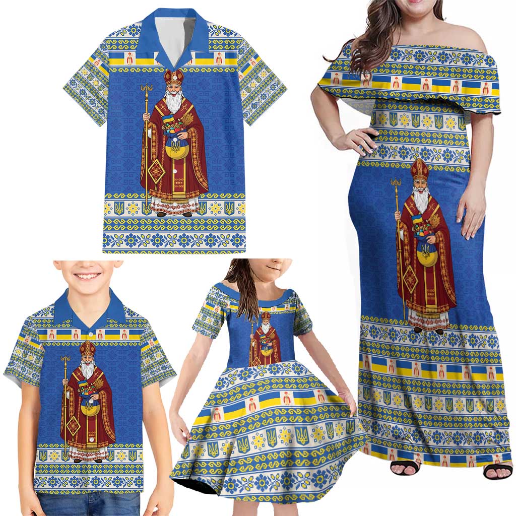Ukraine Christmas Family Matching Off Shoulder Maxi Dress and Hawaiian Shirt Saint Nicholas Vyshyvanka Style - Wonder Print Shop