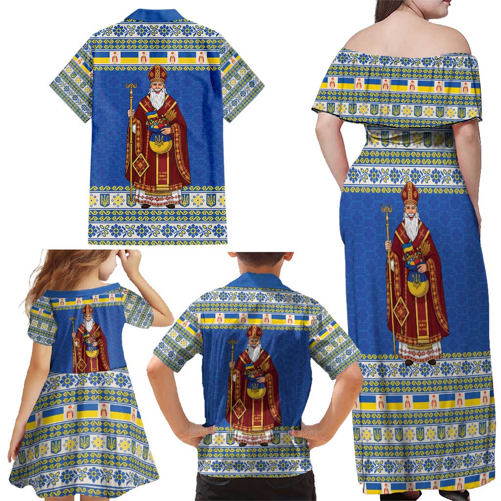 Ukraine Christmas Family Matching Off Shoulder Maxi Dress and Hawaiian Shirt Saint Nicholas Vyshyvanka Style - Wonder Print Shop