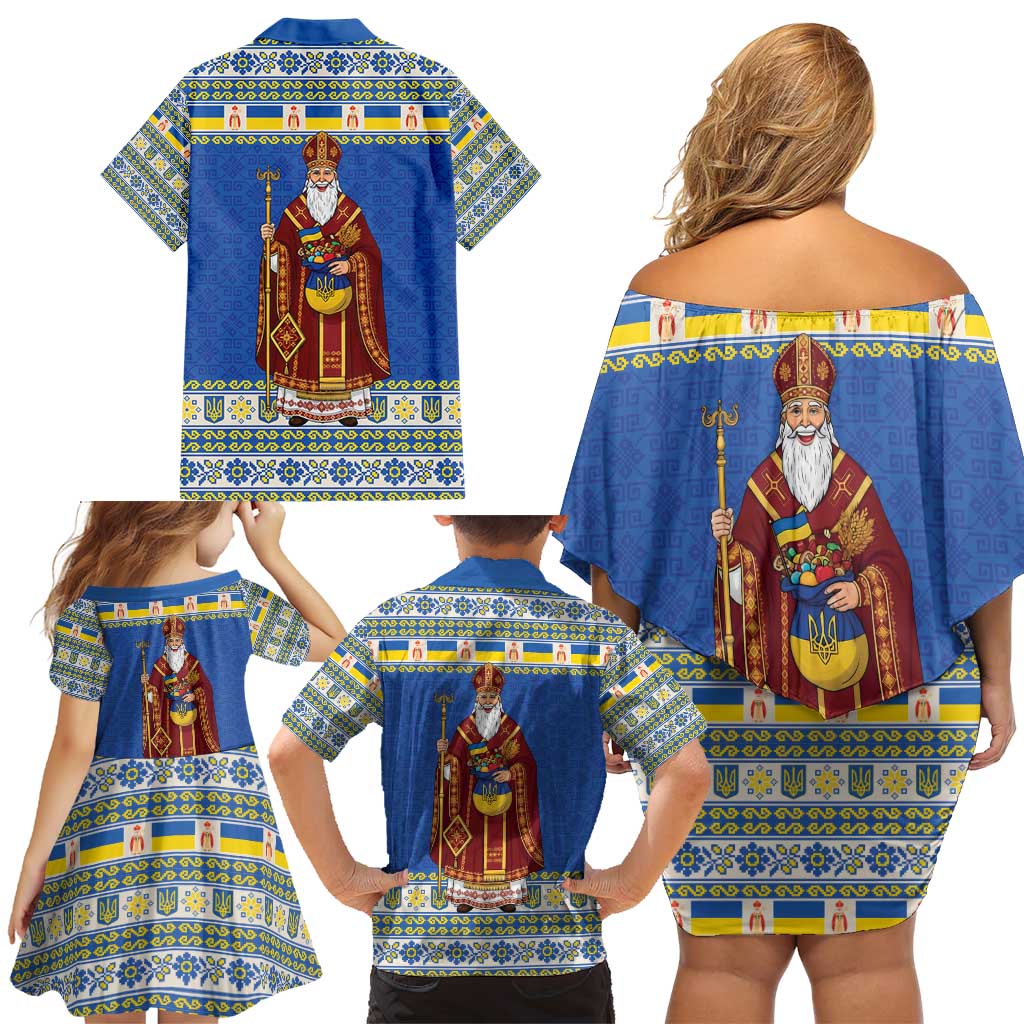 Ukraine Christmas Family Matching Off Shoulder Short Dress and Hawaiian Shirt Saint Nicholas Vyshyvanka Style - Wonder Print Shop