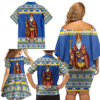 Ukraine Christmas Family Matching Off Shoulder Short Dress and Hawaiian Shirt Saint Nicholas Vyshyvanka Style - Wonder Print Shop