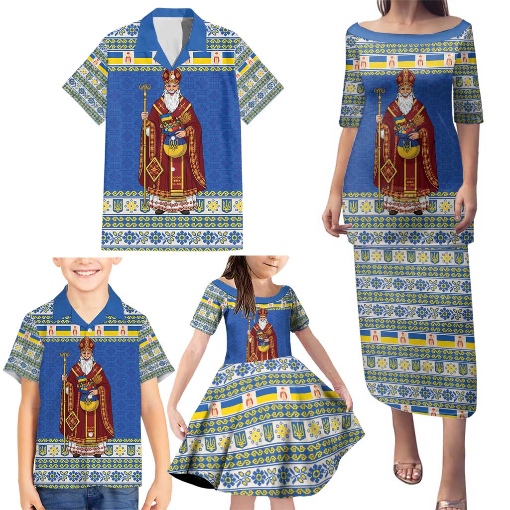 Ukraine Christmas Family Matching Puletasi and Hawaiian Shirt Saint Nicholas Vyshyvanka Style - Wonder Print Shop