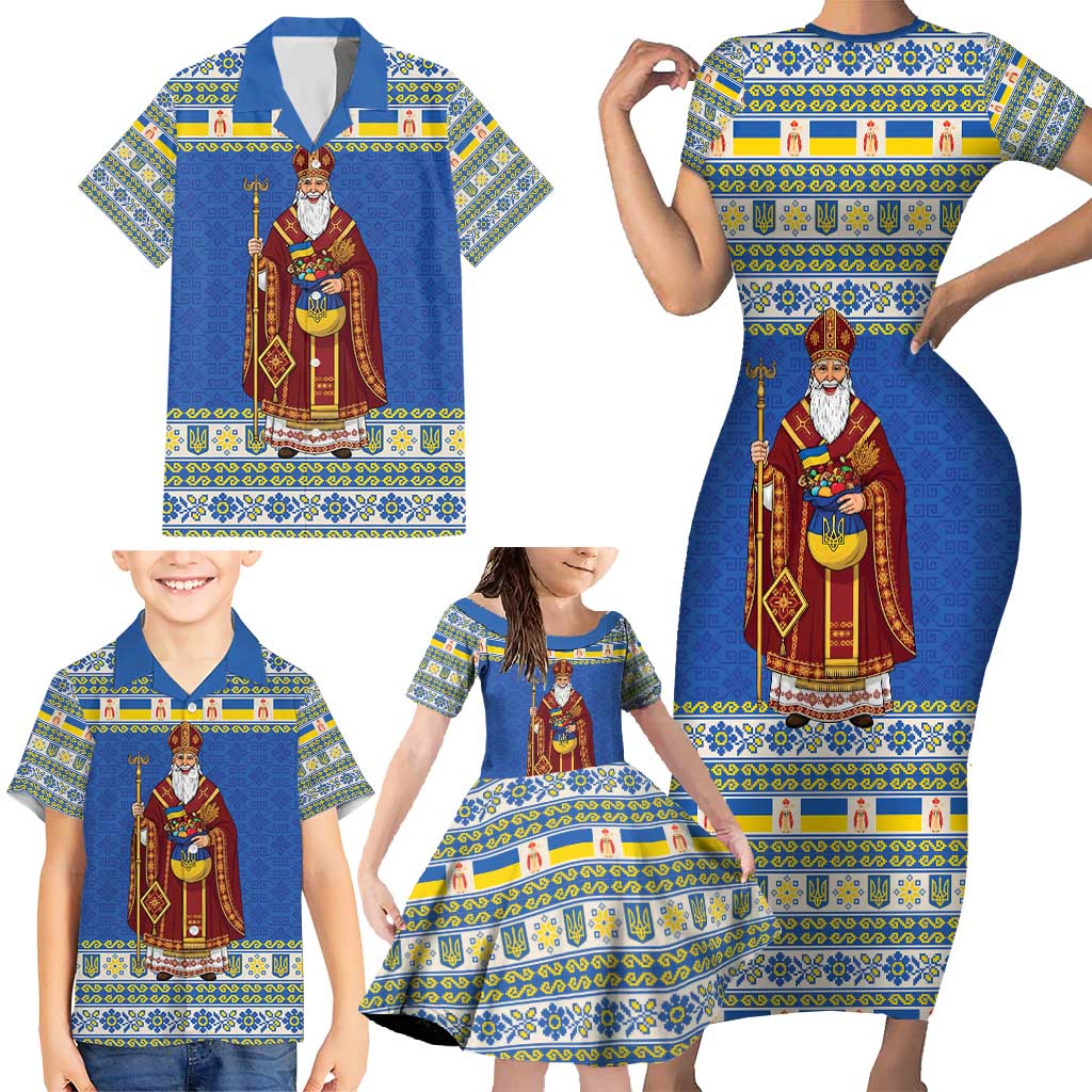 Ukraine Christmas Family Matching Short Sleeve Bodycon Dress and Hawaiian Shirt Saint Nicholas Vyshyvanka Style - Wonder Print Shop