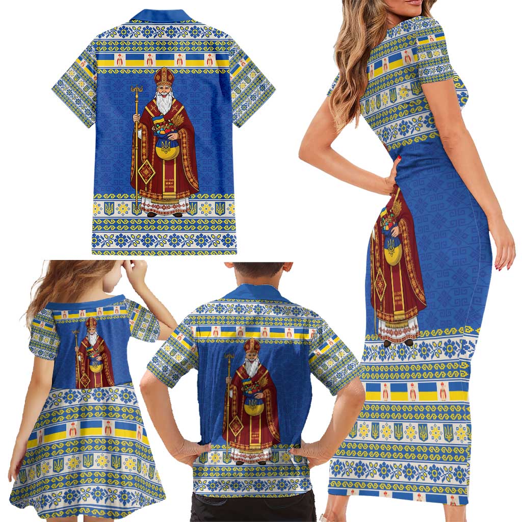Ukraine Christmas Family Matching Short Sleeve Bodycon Dress and Hawaiian Shirt Saint Nicholas Vyshyvanka Style - Wonder Print Shop