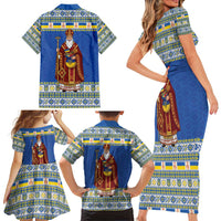 Ukraine Christmas Family Matching Short Sleeve Bodycon Dress and Hawaiian Shirt Saint Nicholas Vyshyvanka Style - Wonder Print Shop