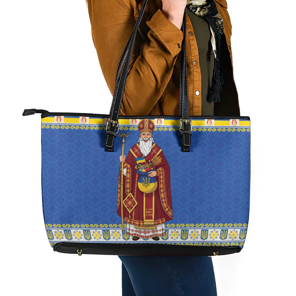 Ukraine Christmas Leather Tote Bag Saint Nicholas Vyshyvanka Style - Wonder Print Shop
