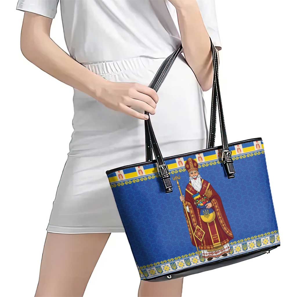Ukraine Christmas Leather Tote Bag Saint Nicholas Vyshyvanka Style - Wonder Print Shop