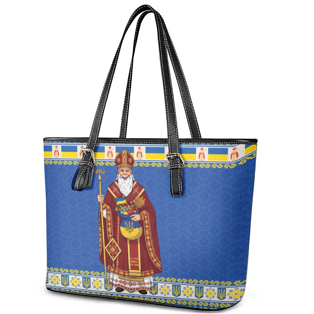 Ukraine Christmas Leather Tote Bag Saint Nicholas Vyshyvanka Style - Wonder Print Shop