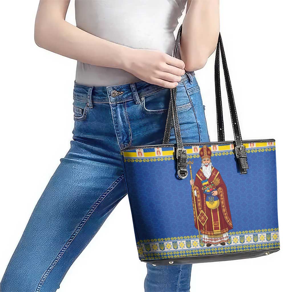 Ukraine Christmas Leather Tote Bag Saint Nicholas Vyshyvanka Style - Wonder Print Shop