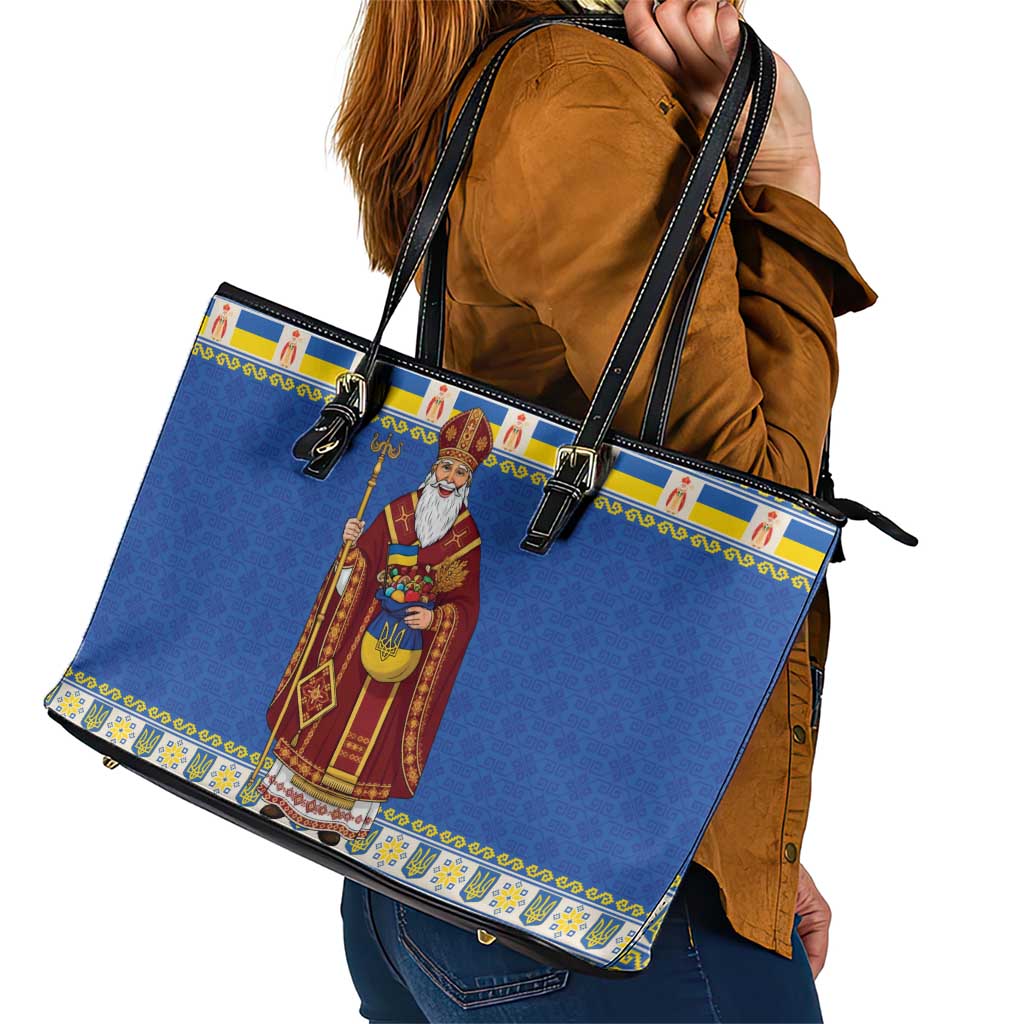 Ukraine Christmas Leather Tote Bag Saint Nicholas Vyshyvanka Style - Wonder Print Shop