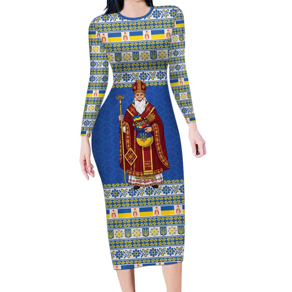 Ukraine Christmas Long Sleeve Bodycon Dress Saint Nicholas Vyshyvanka Style - Wonder Print Shop