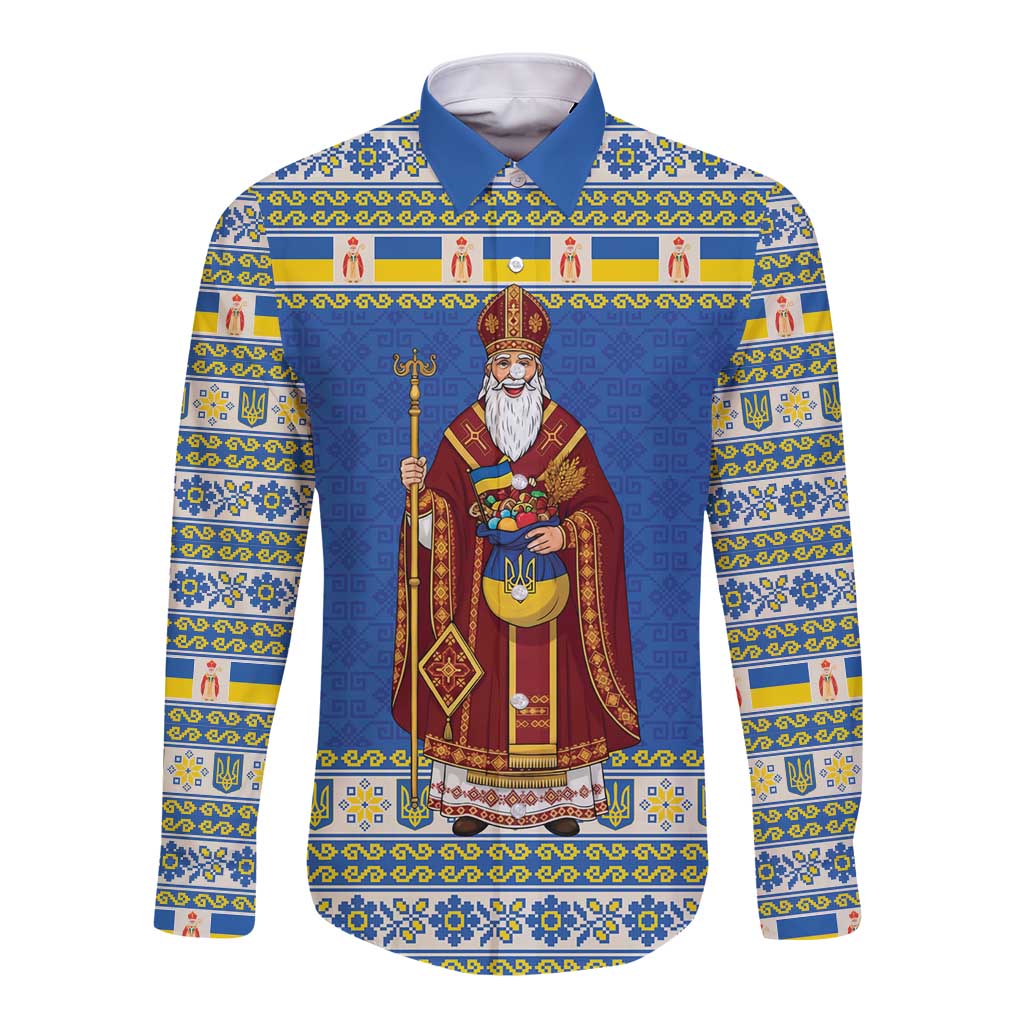 Ukraine Christmas Long Sleeve Button Shirt Saint Nicholas Vyshyvanka Style - Wonder Print Shop