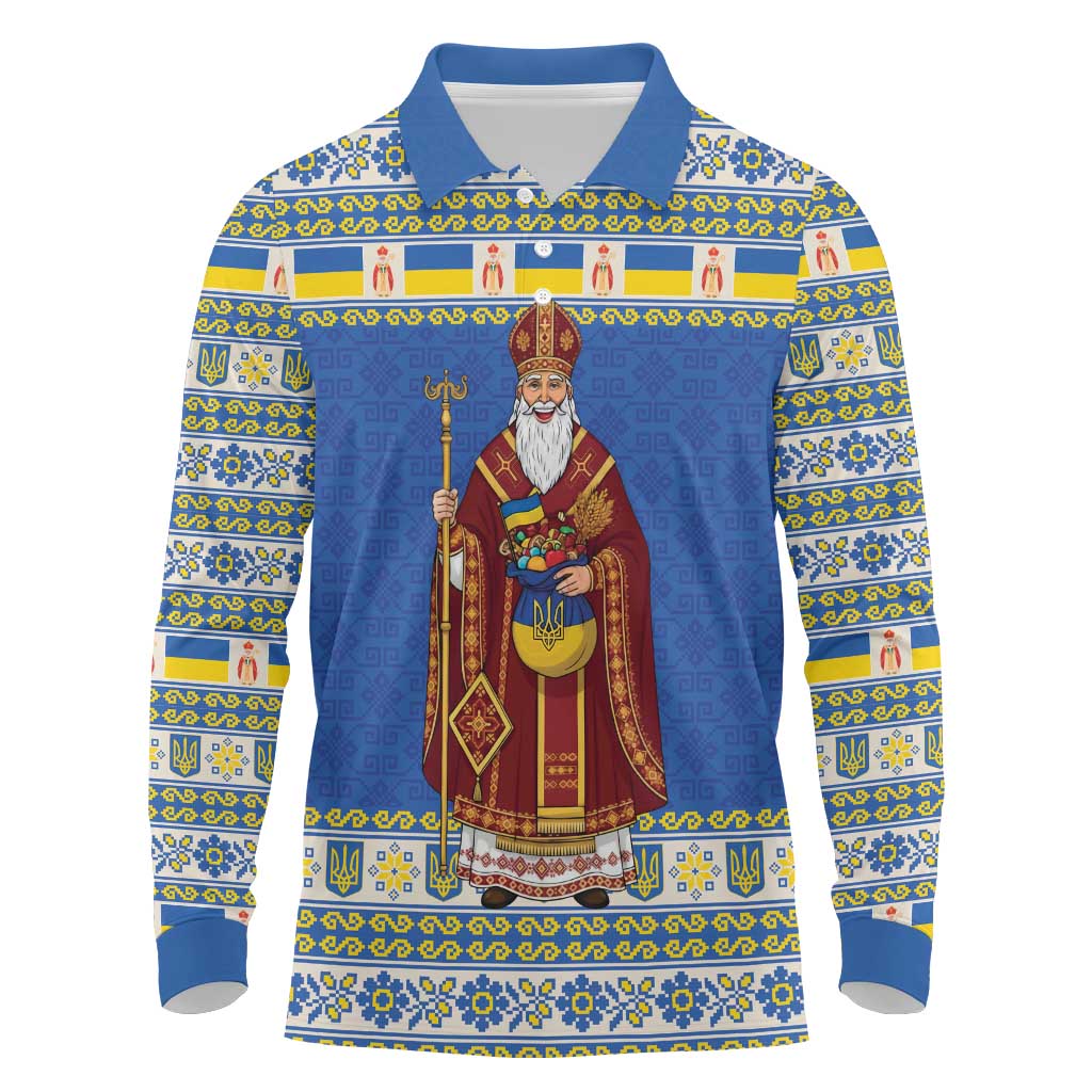 Ukraine Christmas Long Sleeve Polo Shirt Saint Nicholas Vyshyvanka Style - Wonder Print Shop