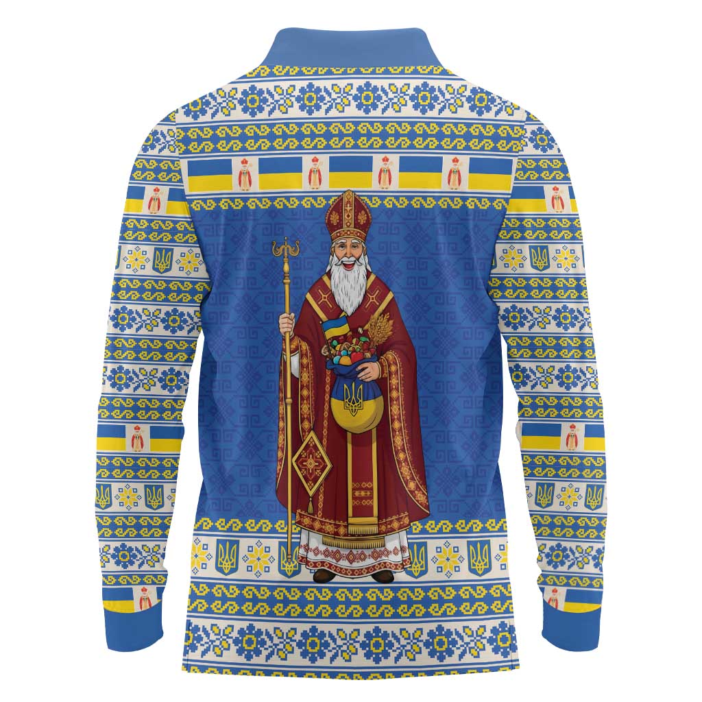 Ukraine Christmas Long Sleeve Polo Shirt Saint Nicholas Vyshyvanka Style - Wonder Print Shop