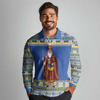 Ukraine Christmas Long Sleeve Polo Shirt Saint Nicholas Vyshyvanka Style - Wonder Print Shop