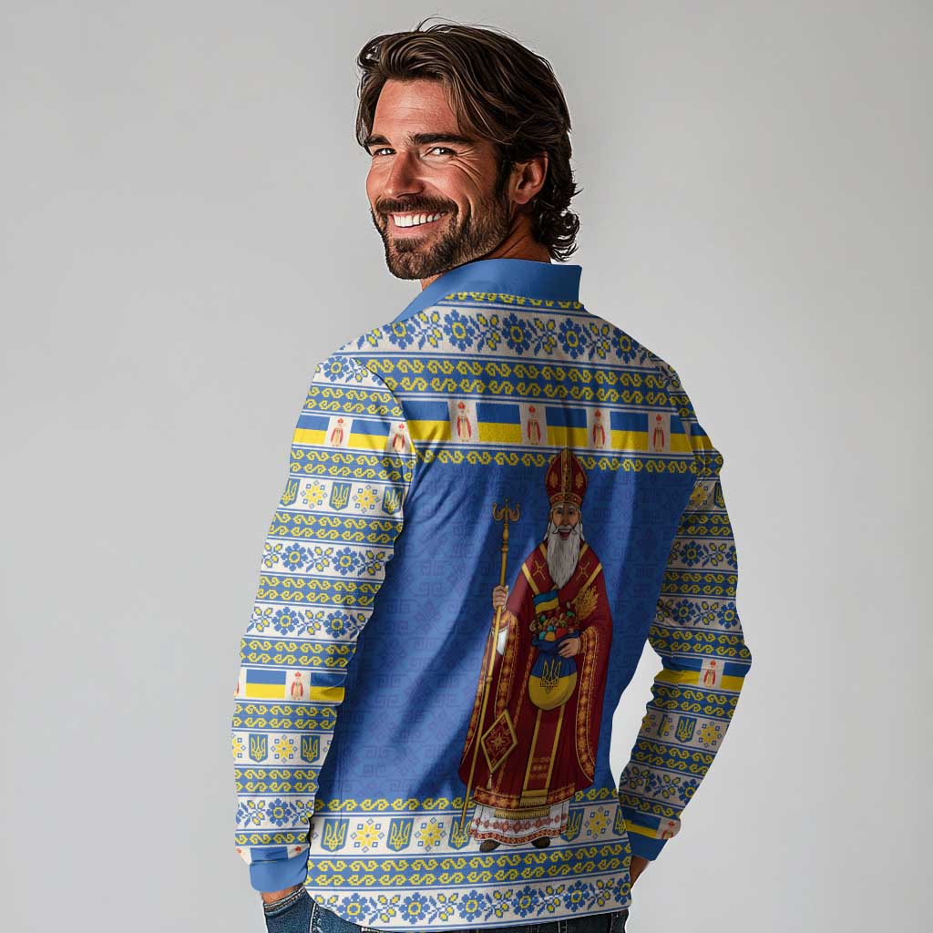 Ukraine Christmas Long Sleeve Polo Shirt Saint Nicholas Vyshyvanka Style - Wonder Print Shop