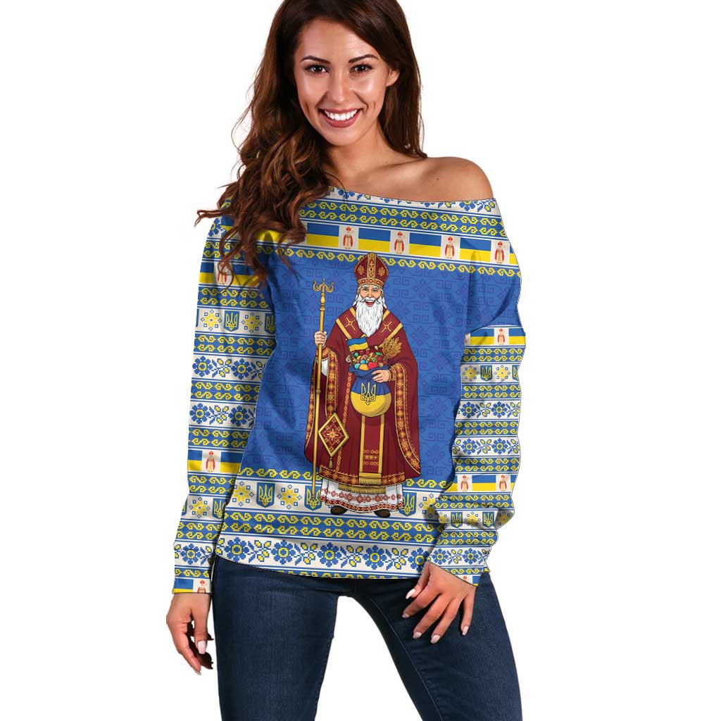 Ukraine Christmas Off Shoulder Sweater Saint Nicholas Vyshyvanka Style - Wonder Print Shop