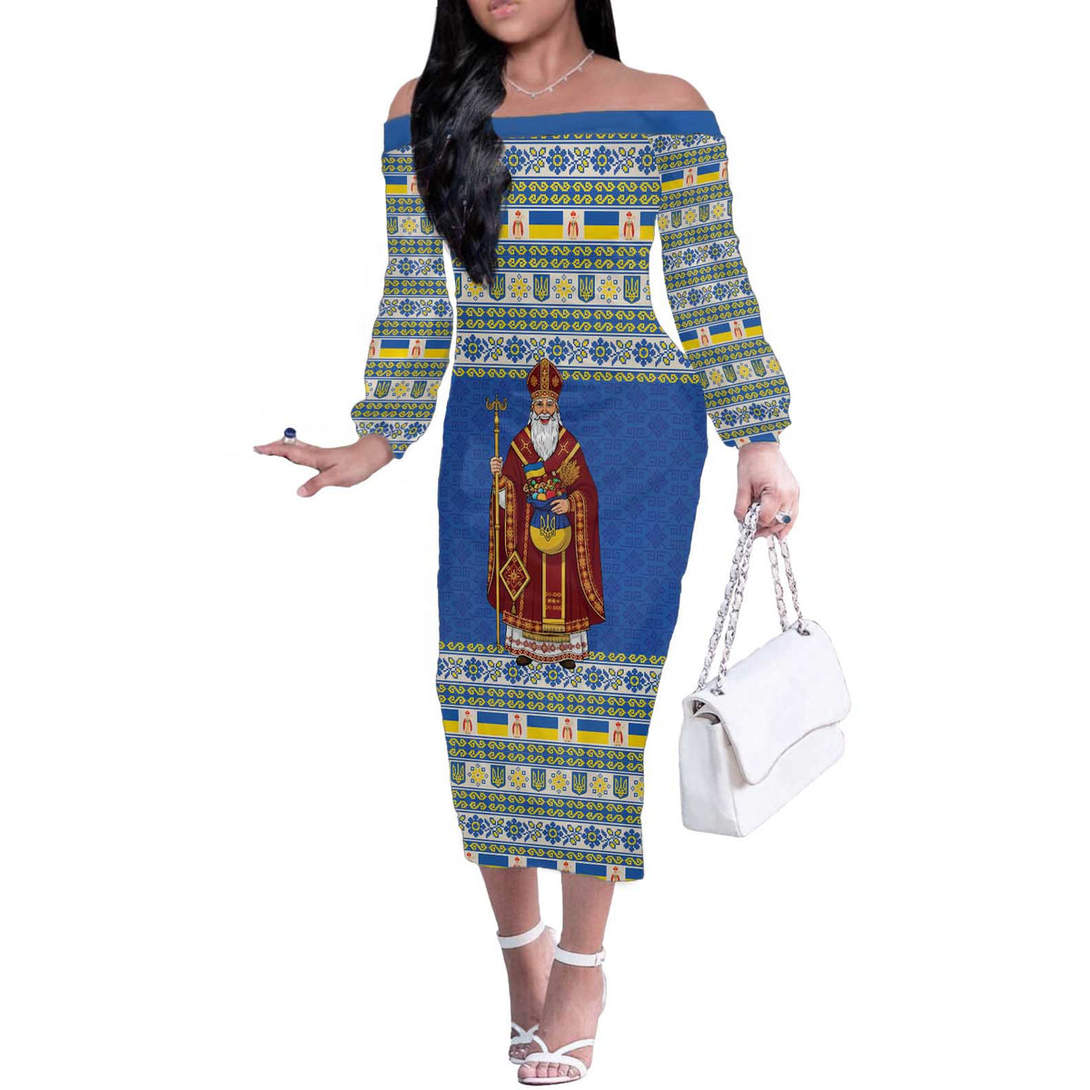 Ukraine Christmas Off The Shoulder Long Sleeve Dress Saint Nicholas Vyshyvanka Style - Wonder Print Shop