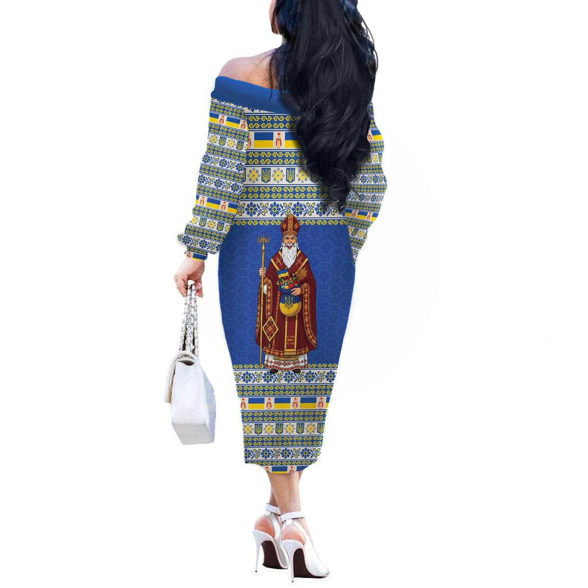 Ukraine Christmas Off The Shoulder Long Sleeve Dress Saint Nicholas Vyshyvanka Style - Wonder Print Shop