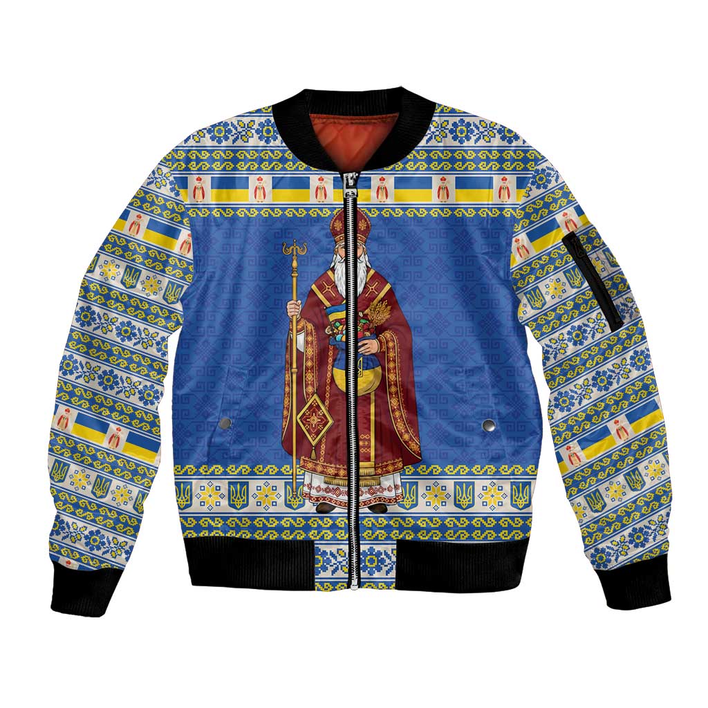 Ukraine Christmas Sleeve Zip Bomber Jacket Saint Nicholas Vyshyvanka Style - Wonder Print Shop