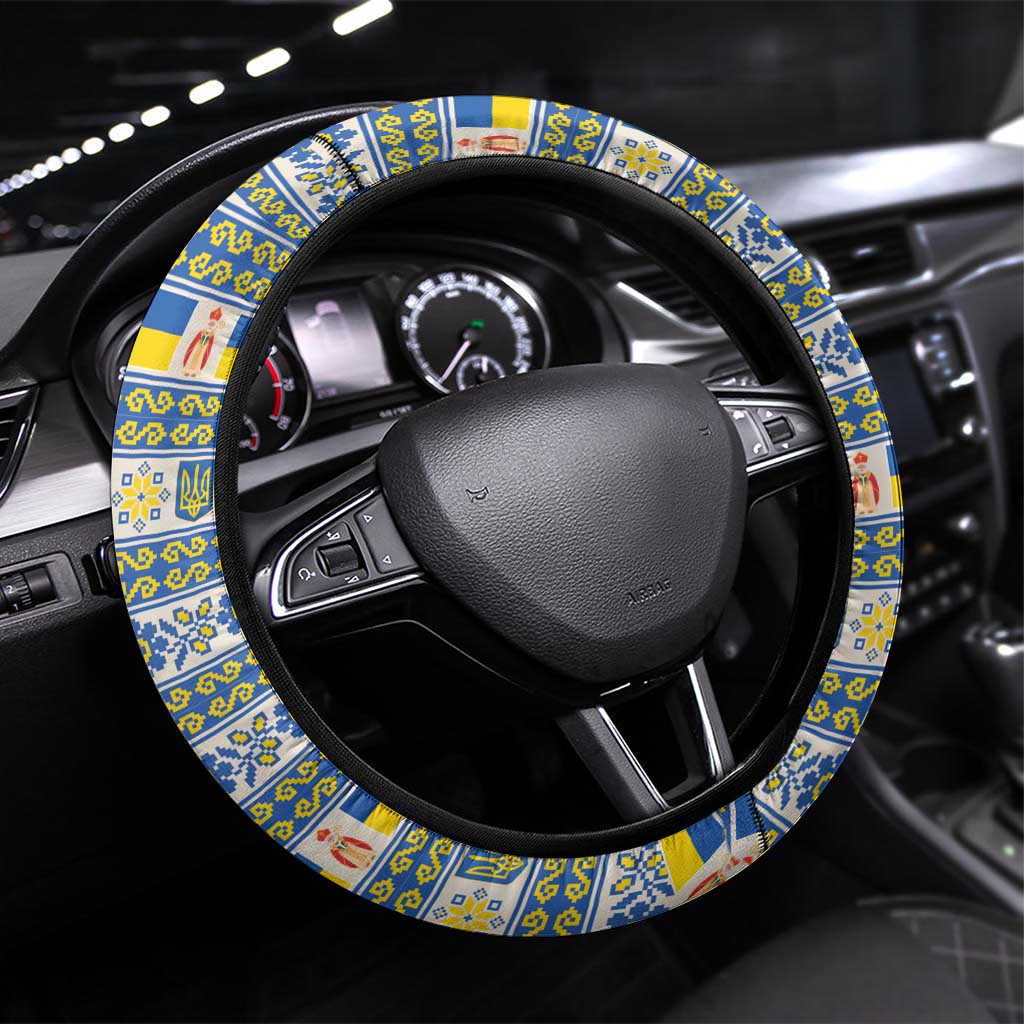 Ukraine Christmas Steering Wheel Cover Saint Nicholas Vyshyvanka Style - Wonder Print Shop