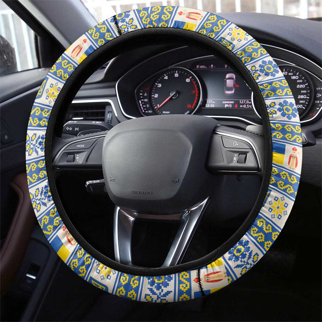 Ukraine Christmas Steering Wheel Cover Saint Nicholas Vyshyvanka Style - Wonder Print Shop