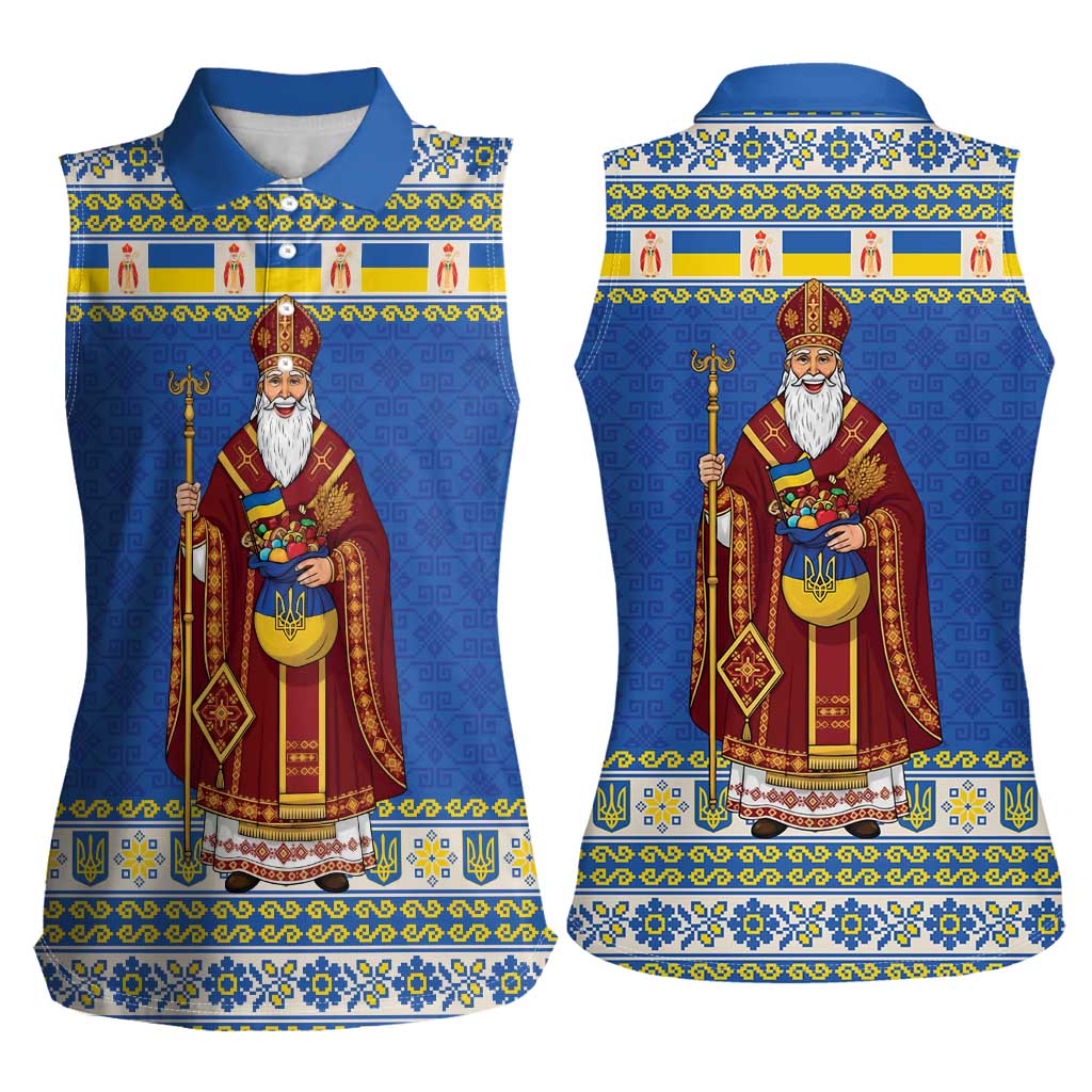 Ukraine Christmas Women Sleeveless Polo Shirt Saint Nicholas Vyshyvanka Style - Wonder Print Shop