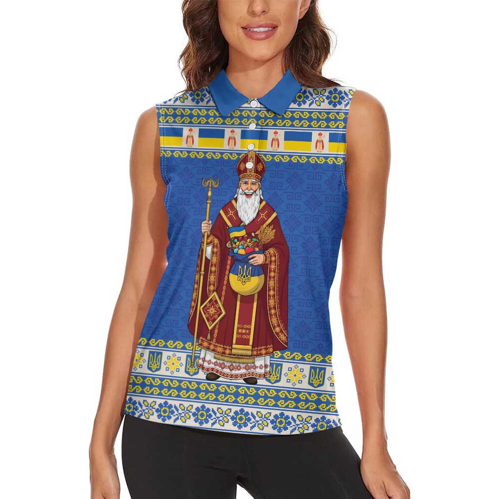 Ukraine Christmas Women Sleeveless Polo Shirt Saint Nicholas Vyshyvanka Style - Wonder Print Shop