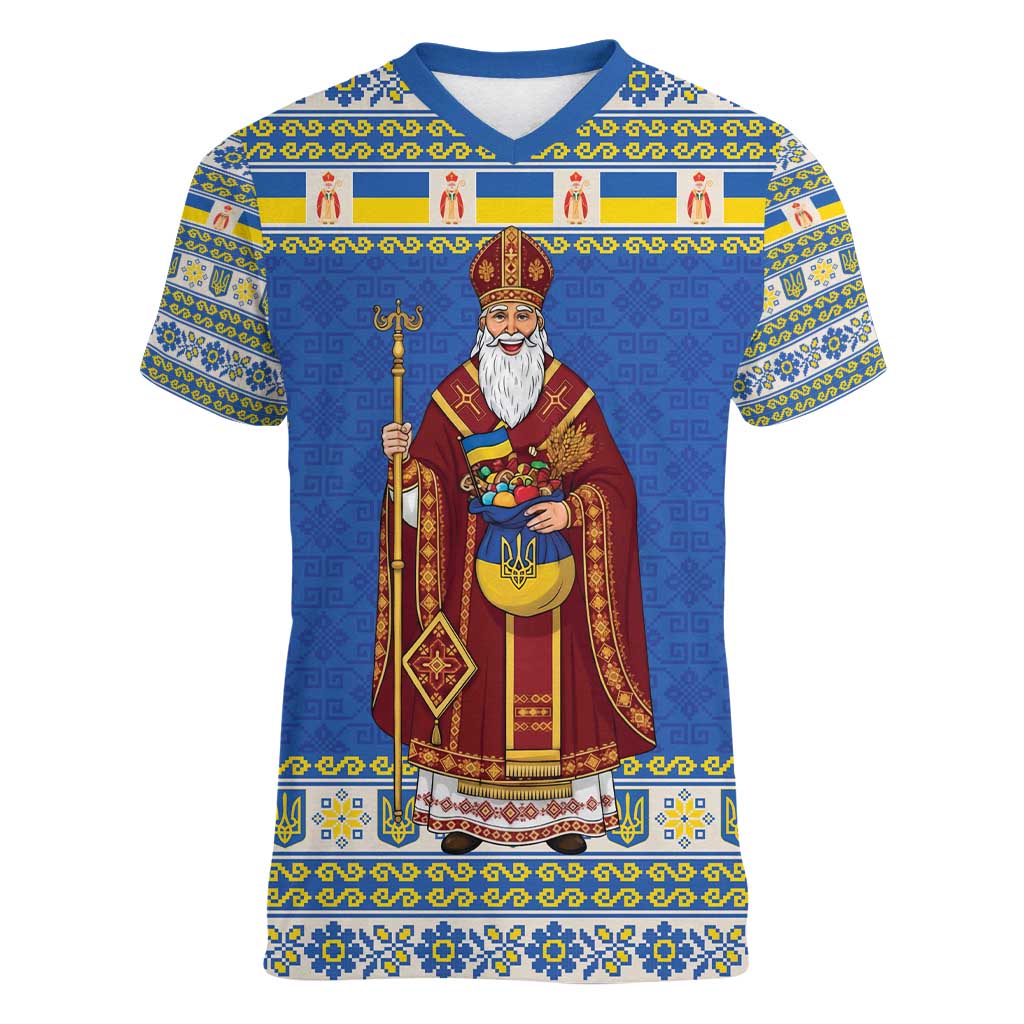 Ukraine Christmas Women V-Neck T-Shirt Saint Nicholas Vyshyvanka Style - Wonder Print Shop