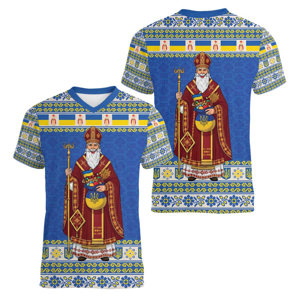 Ukraine Christmas Women V-Neck T-Shirt Saint Nicholas Vyshyvanka Style - Wonder Print Shop