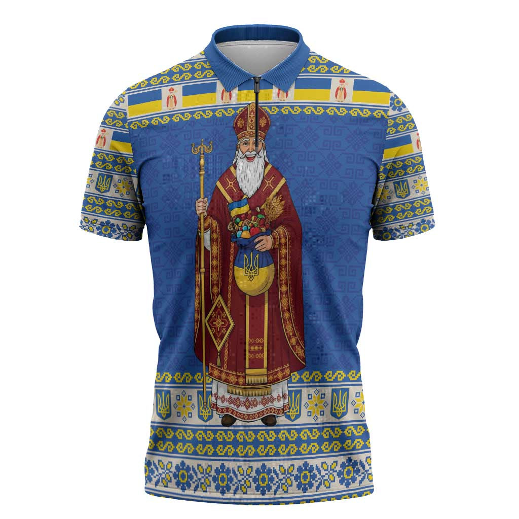 Ukraine Christmas Zipper Polo Shirt Saint Nicholas Vyshyvanka Style - Wonder Print Shop