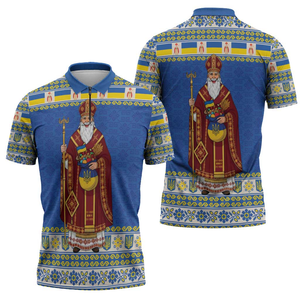 Ukraine Christmas Zipper Polo Shirt Saint Nicholas Vyshyvanka Style - Wonder Print Shop