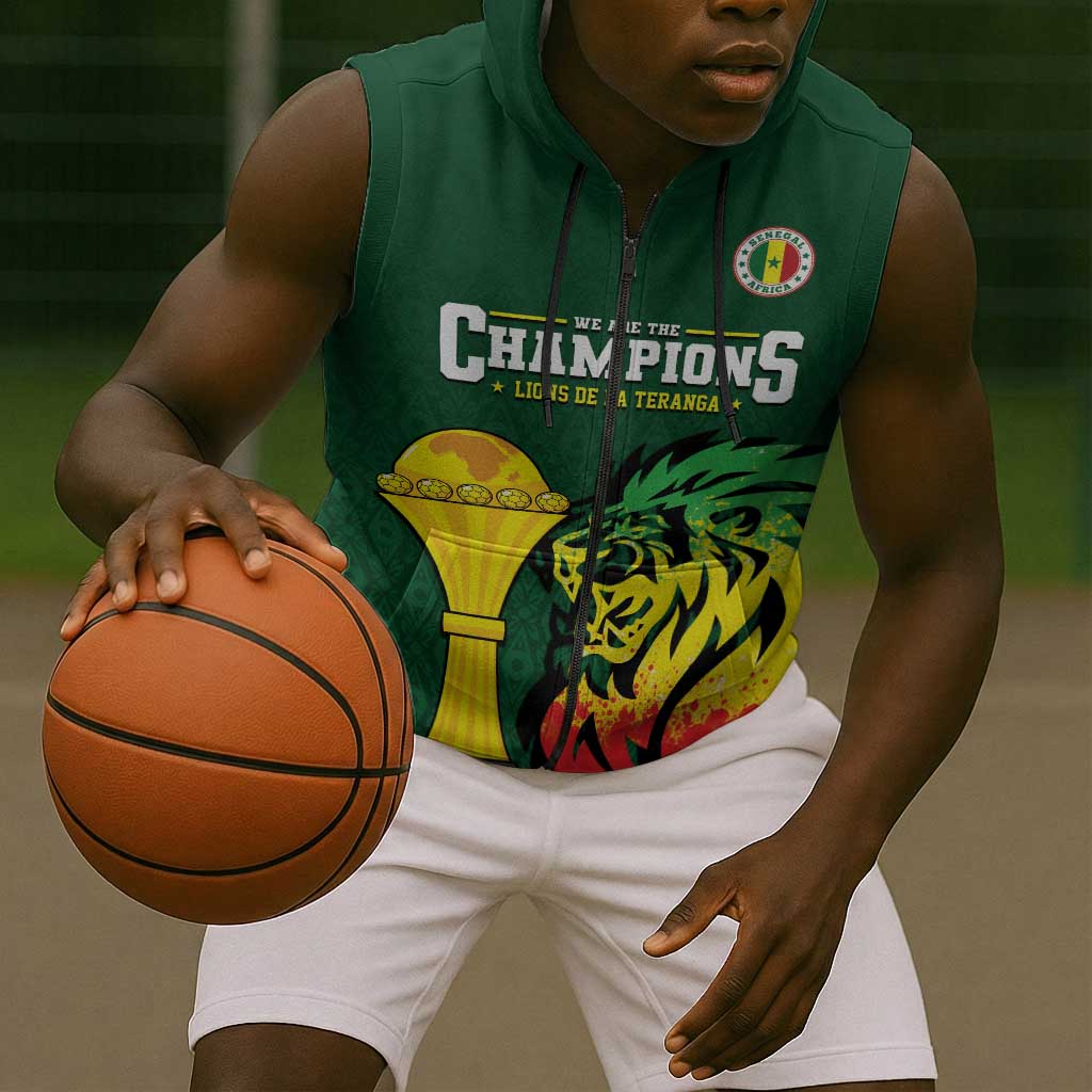 Senegal Football Champions Custom Sleeveless Zip Hoodie Lions of Teranga Rise