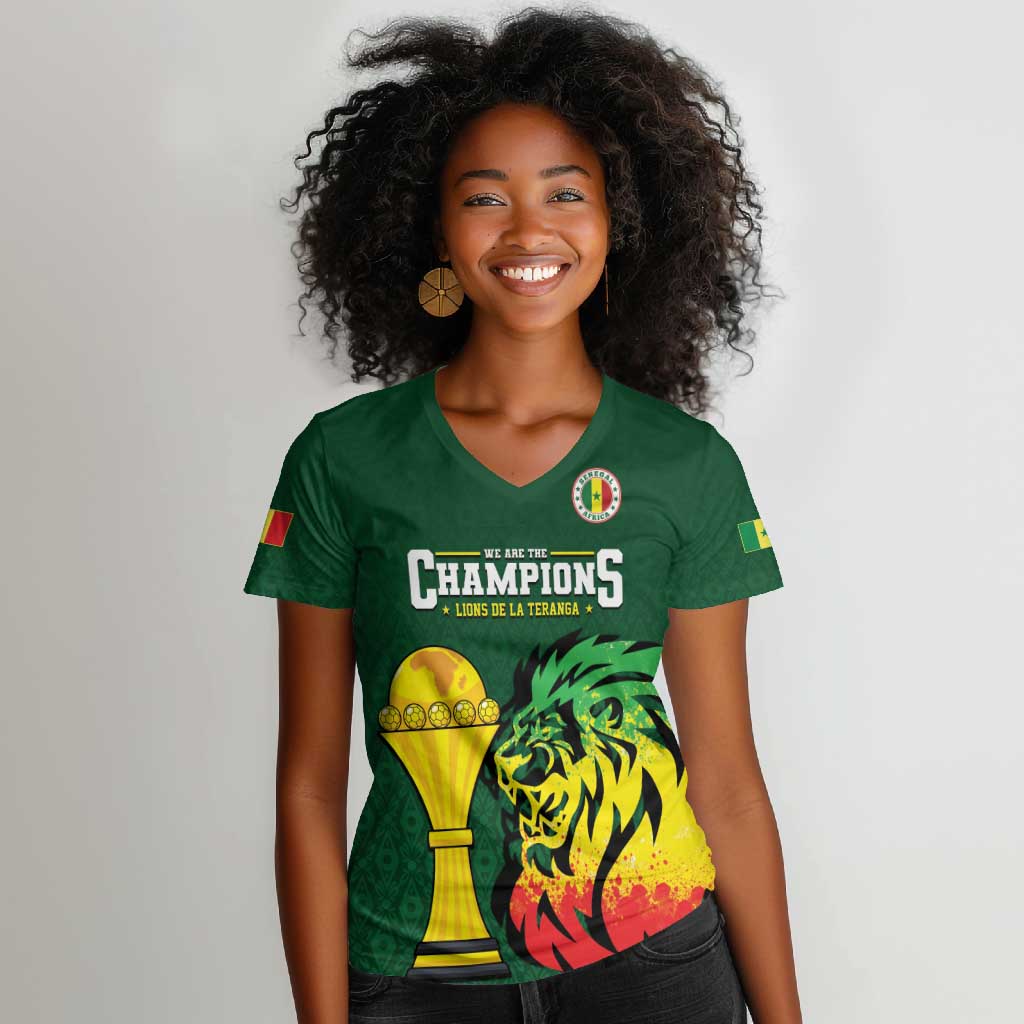 Senegal Football Champions Custom Women V-Neck T-Shirt Lions of Teranga Rise