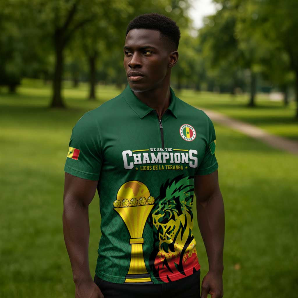 Senegal Football Champions Custom Zipper Polo Shirt Lions of Teranga Rise