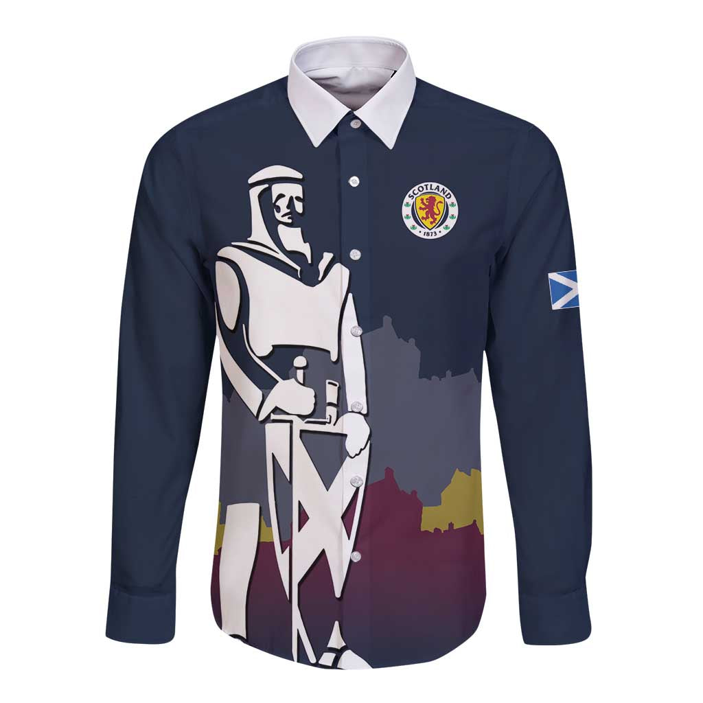 Custom Scotland Football Long Sleeve Button Shirt William Wallace Statue Edinburgh Castle Art