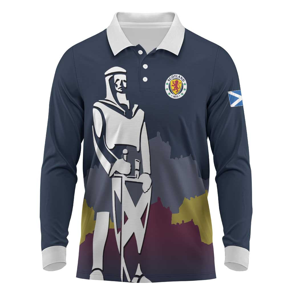 Custom Scotland Football Long Sleeve Polo Shirt William Wallace Statue Edinburgh Castle Art