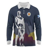 Custom Scotland Football Long Sleeve Polo Shirt William Wallace Statue Edinburgh Castle Art